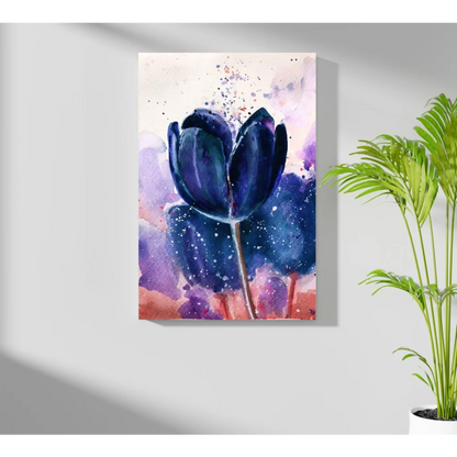 Watercolor dark blue tulip with purple pink splashes on Insigne aluminum print