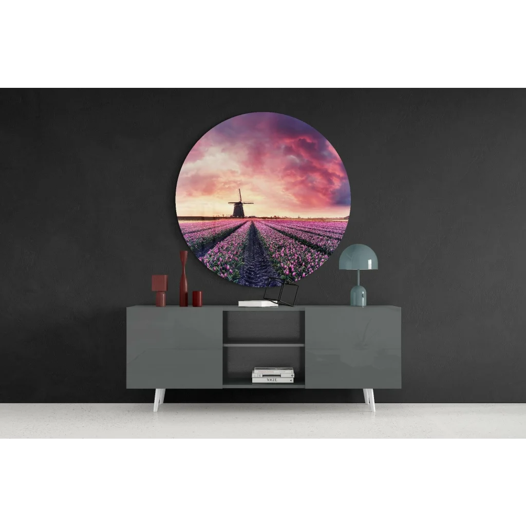 Stunning Tulip Sunset Tempered Glass Art Circle | Contemporary Home Wall Art | vintageantiquesgifts.com