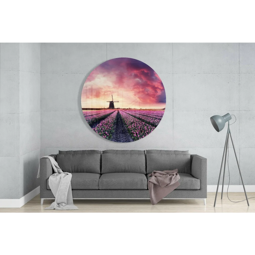 Stunning Tulip Sunset Tempered Glass Art Circle | Glass Wall Art Print | vintageantiquesgifts.com