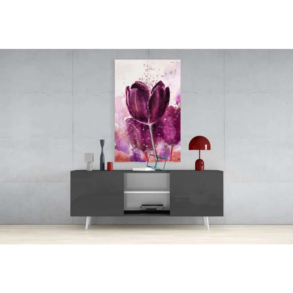Vibrant purple tulip glass wall art with watercolor pink orange splashes