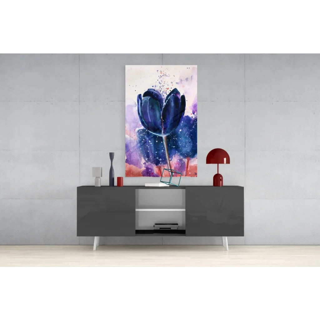 Vibrant blue tulip glass wall art with purple pink watercolor splashes