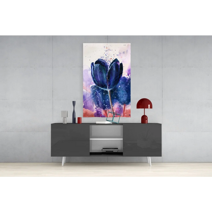 Vibrant blue tulip glass wall art with purple pink watercolor splashes