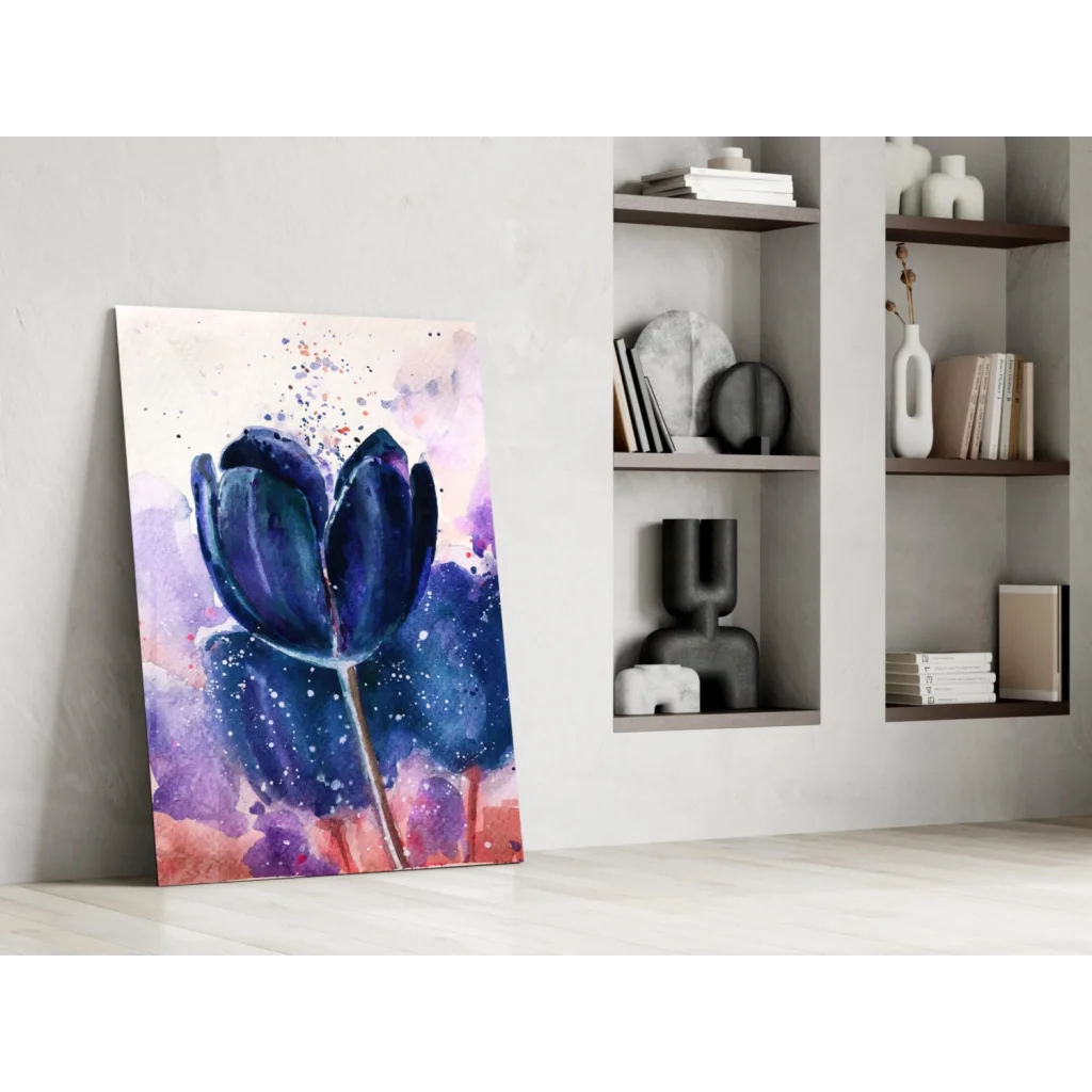 Vibrant blue tulip glass wall art with purple pink watercolor splashes