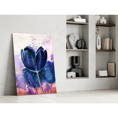 Vibrant blue tulip glass wall art with purple pink watercolor splashes