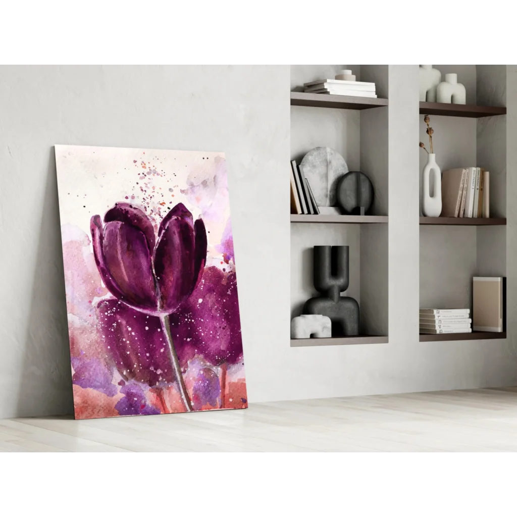 Vibrant purple tulip glass wall art with watercolor splashes