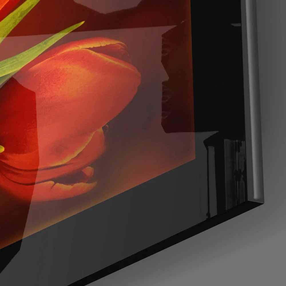 Vibrant red tulip glass wall art in sleek black frame