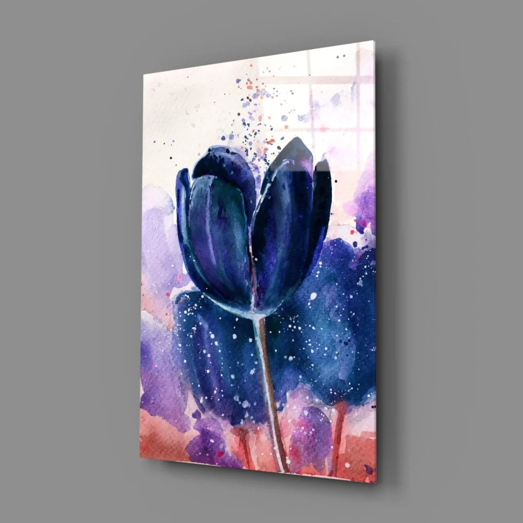 Vibrant blue tulip watercolor glass wall art with purple pink splashes