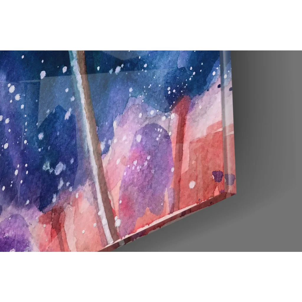 Vibrant watercolor glass wall art with swirling purples, pinks, blues