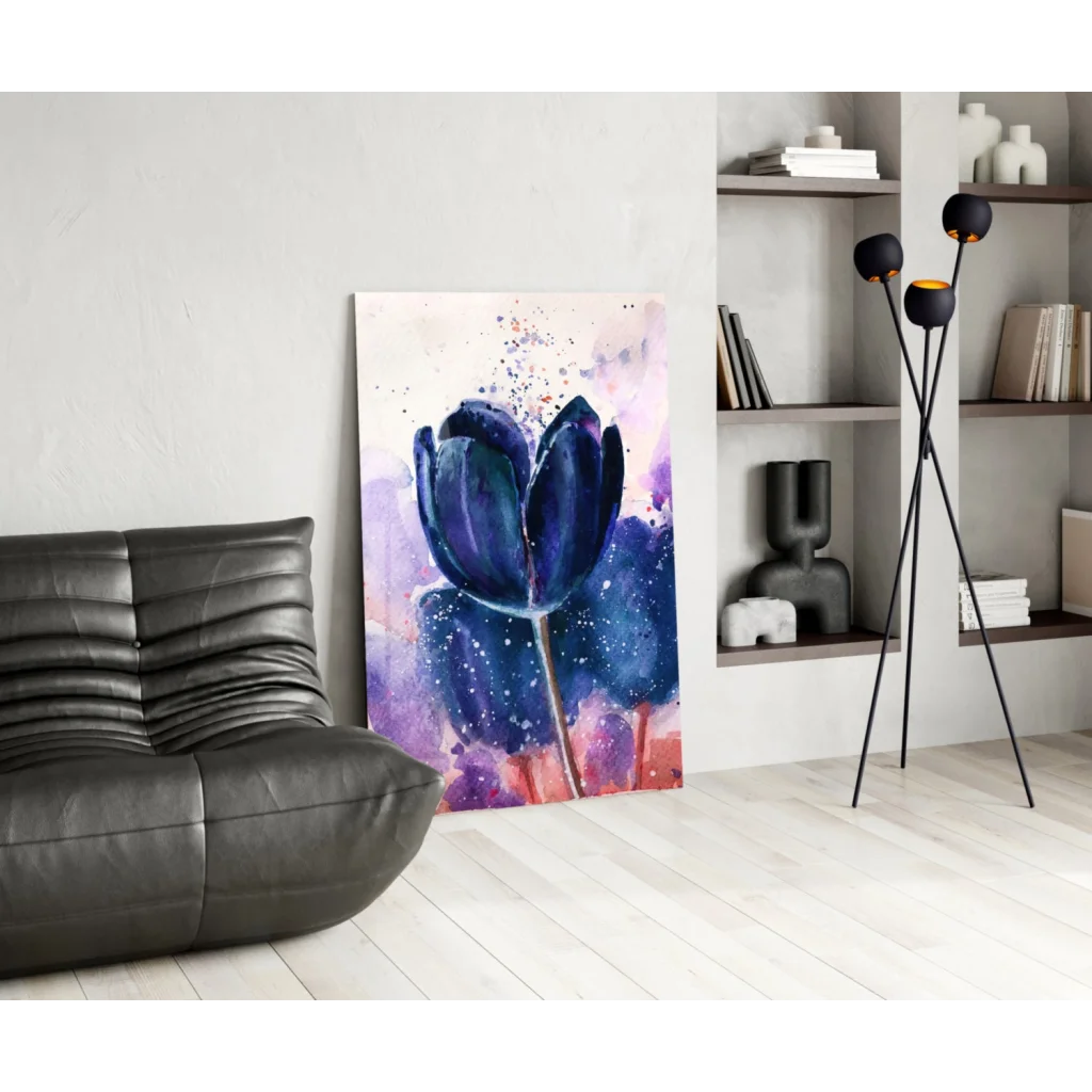 Vibrant blue tulip glass wall art with purple pink watercolor splashes