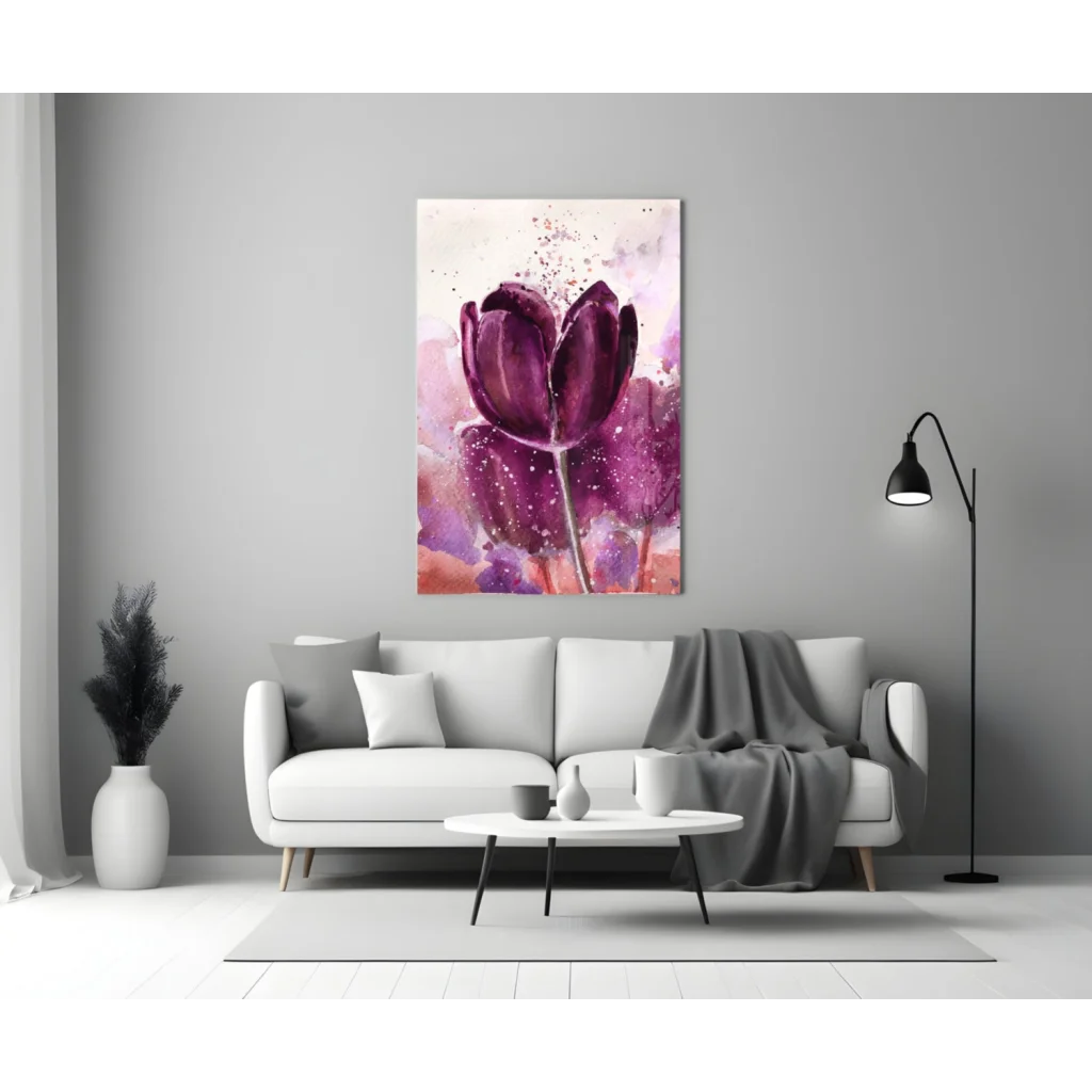 Vibrant purple tulip glass wall art with pink orange watercolor splashes