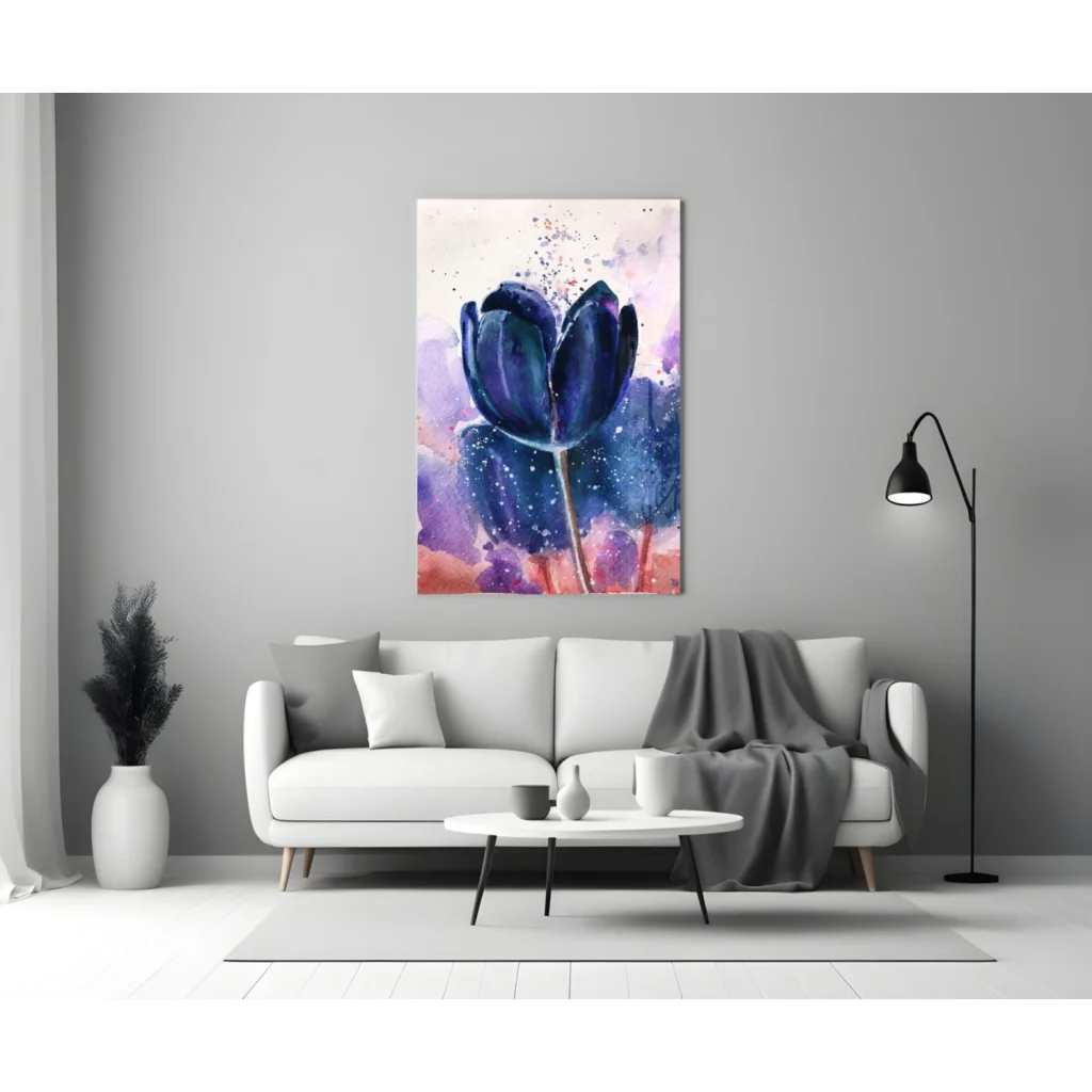 Stunning blue tulip glass wall art with purple pink watercolor on wall
