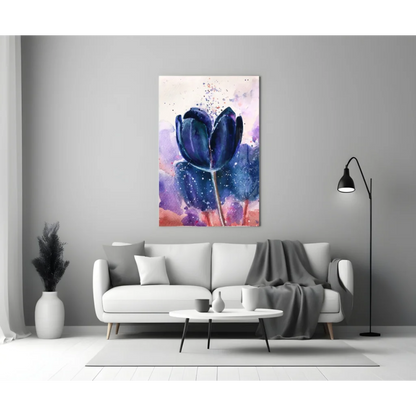 Stunning blue tulip glass wall art with purple pink watercolor on wall