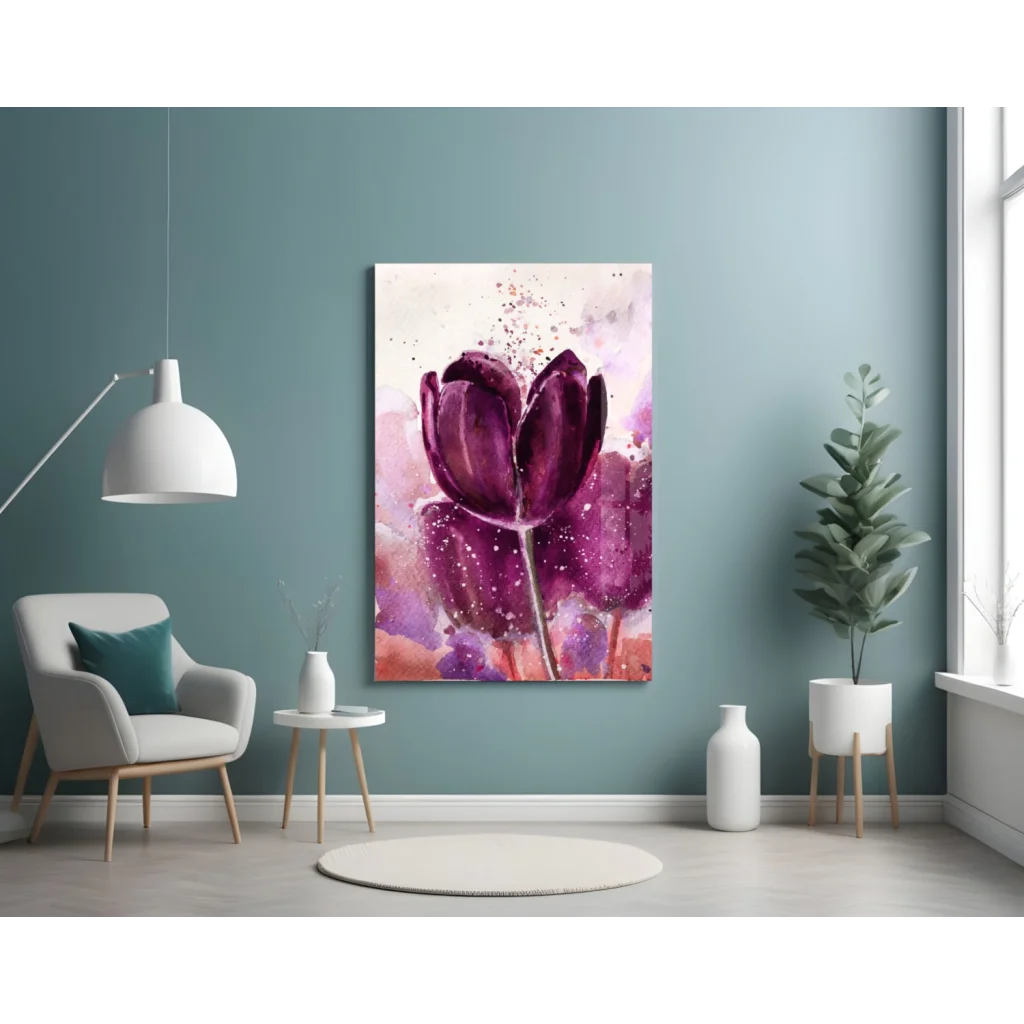 Vibrant purple tulip watercolor splash on glass wall art