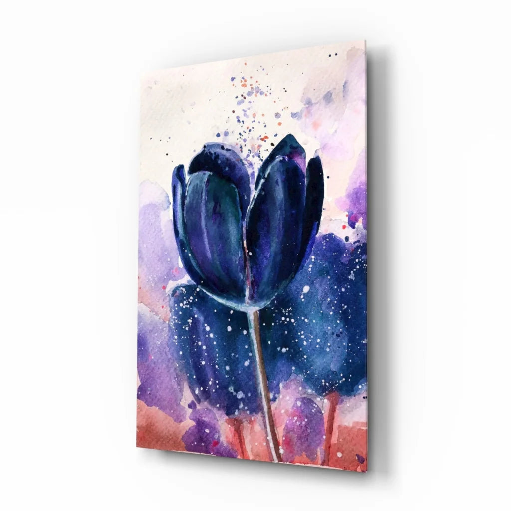 Stunning blue tulip glass wall art with purple pink watercolor splashes