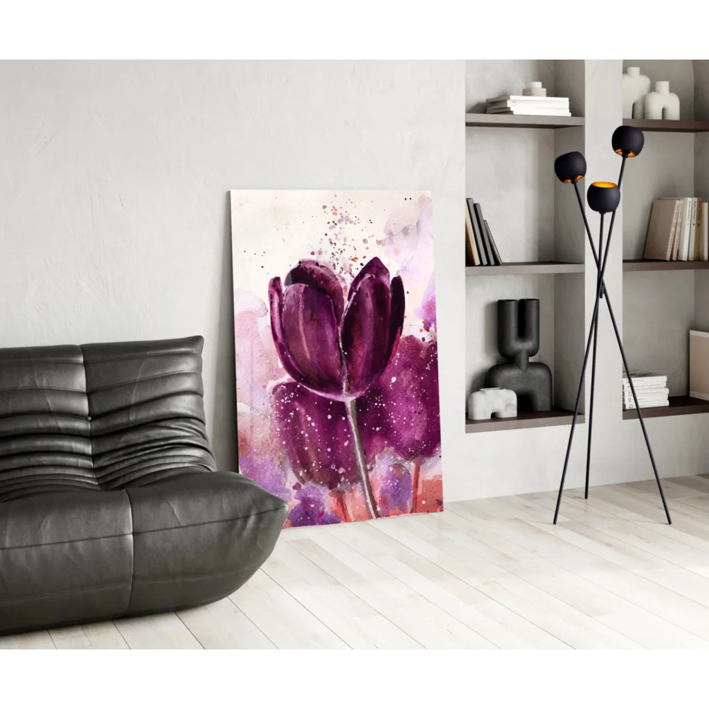 Vibrant purple tulip watercolor on glass wall art with pink splashes