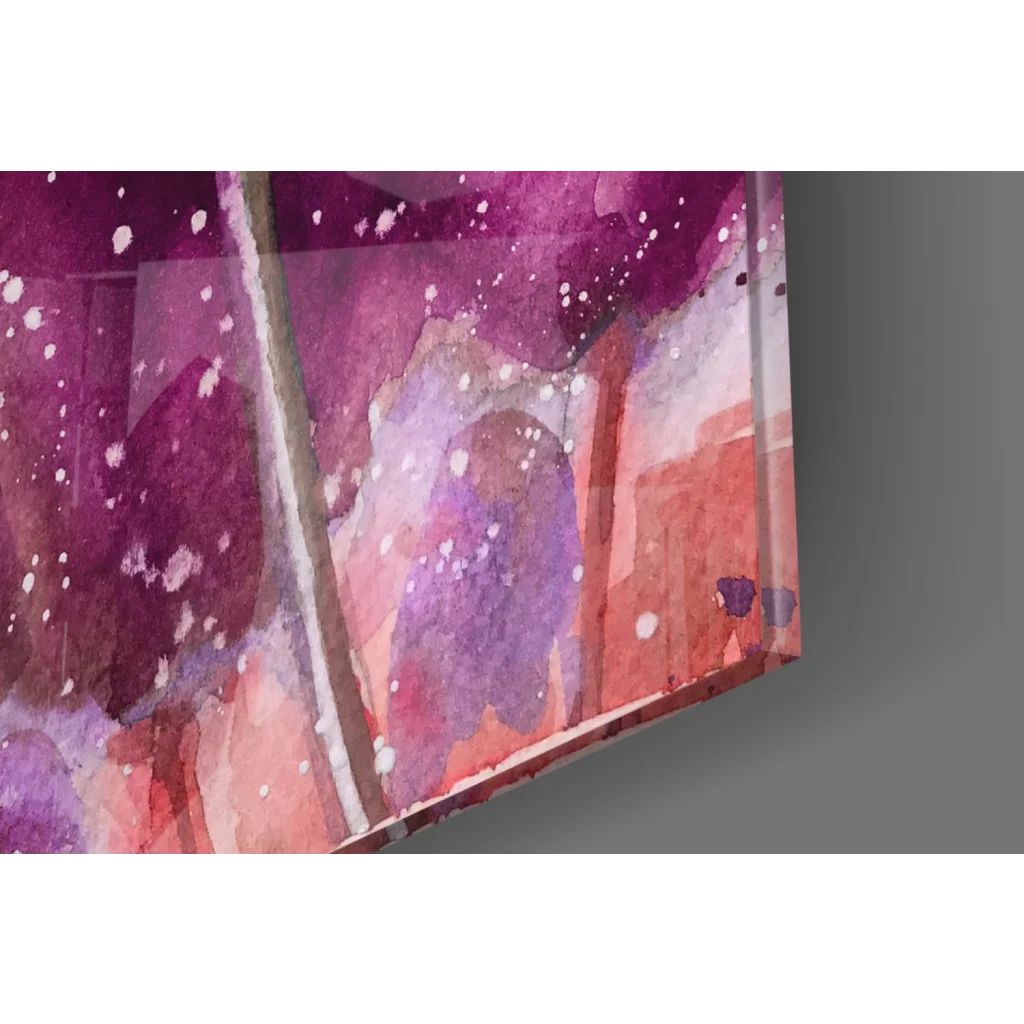 Vibrant purple tulip glass wall art with watercolor splash swirls