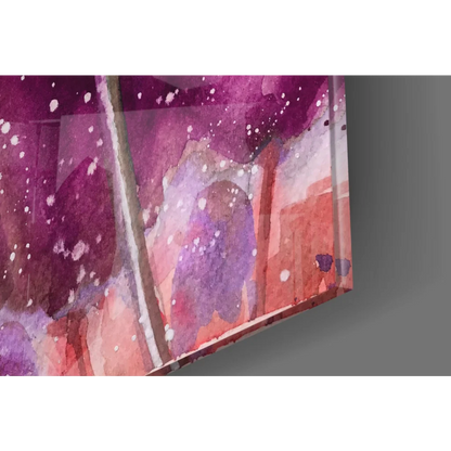 Vibrant purple tulip glass wall art with watercolor splash swirls