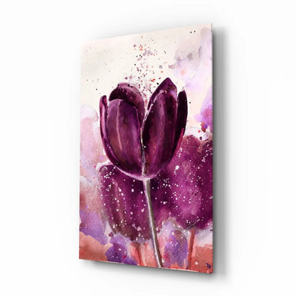 Vibrant purple tulip watercolor on glass wall art splash design