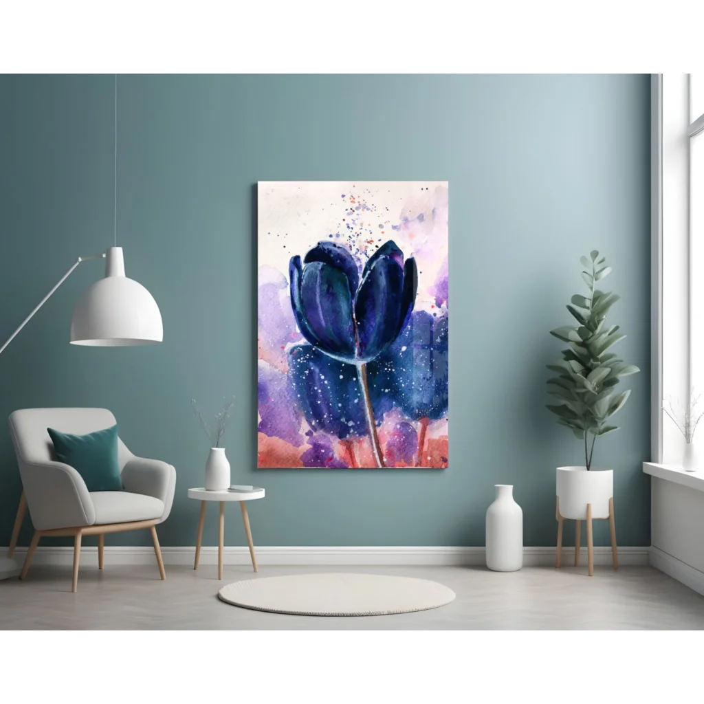 Vibrant blue tulip glass wall art with purple orange watercolor splashes
