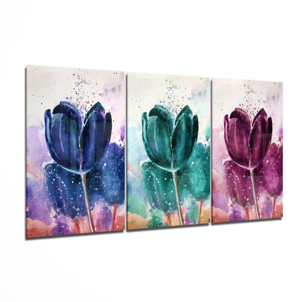 Vibrant watercolor tulip wall art set in blue, green, purple hues on canvas