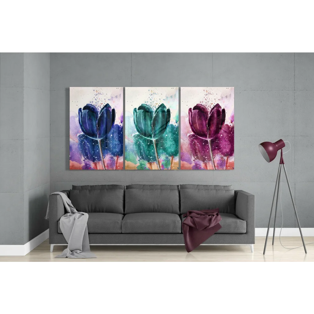 Vibrant blue teal purple tulip wall art set with watercolor splashes