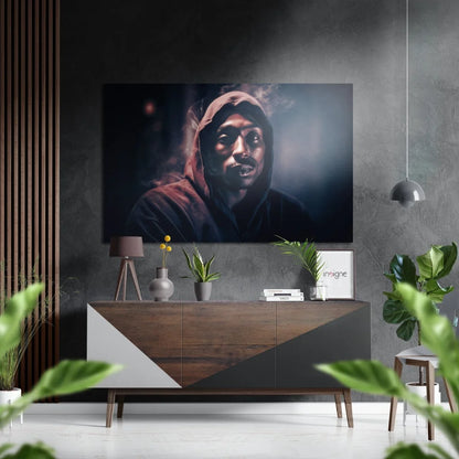 Striking black-and-white hooded man portrait on brushed aluminium dibond wall art
