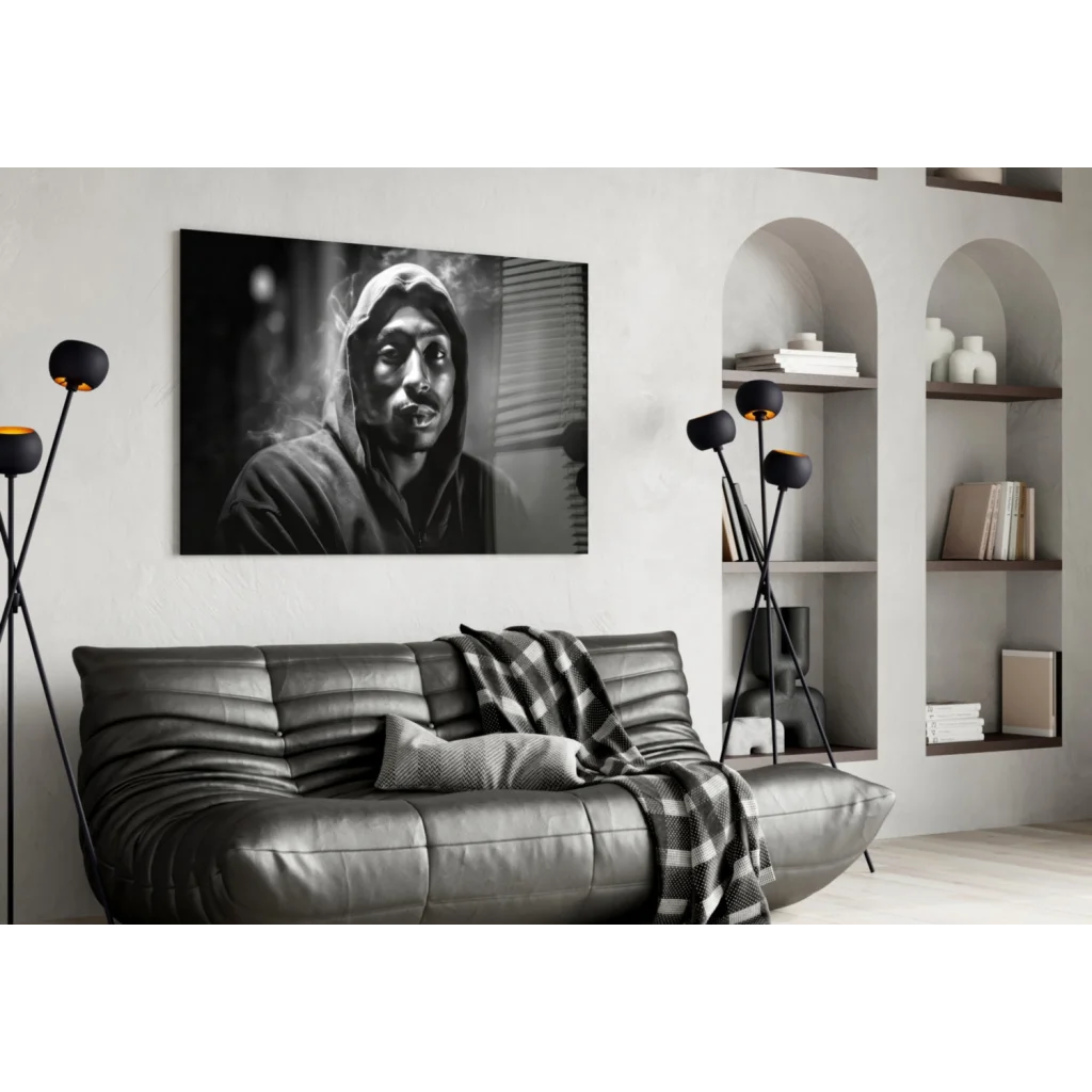 Tupac Shakur smoking portrait canvas wall art on gray sofa