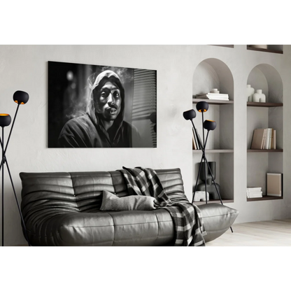 Tupac Shakur smoking portrait canvas wall art on gray sofa