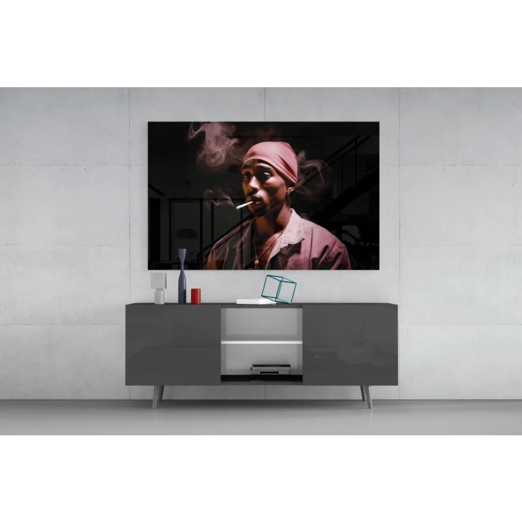 2Pac pink headwrap portrait wall art print on glass wall