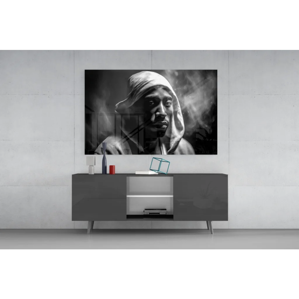 Black-and-white Tupac Shakur portrait on glass wall art canvas