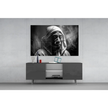 Black-and-white Tupac Shakur portrait on glass wall art canvas