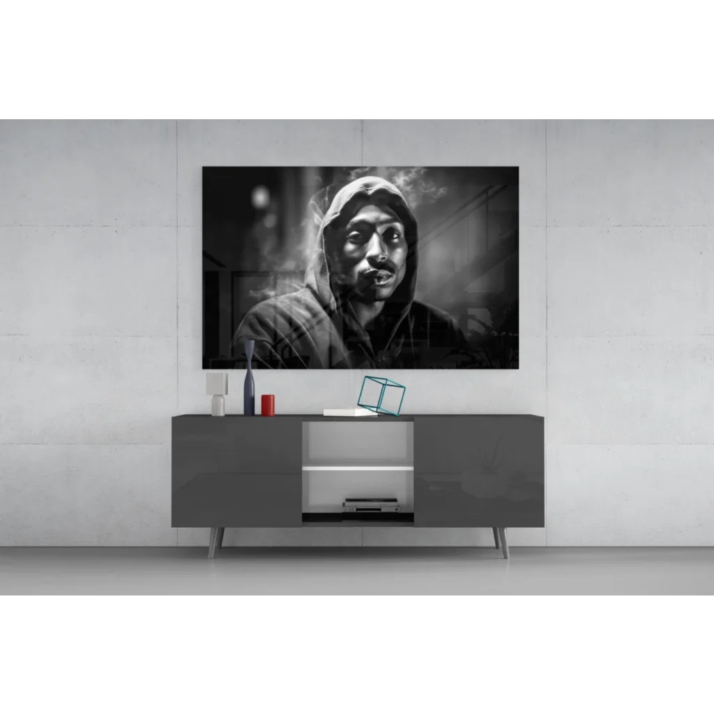 Tupac Shakur smoking portrait on black-and-white canvas wall art