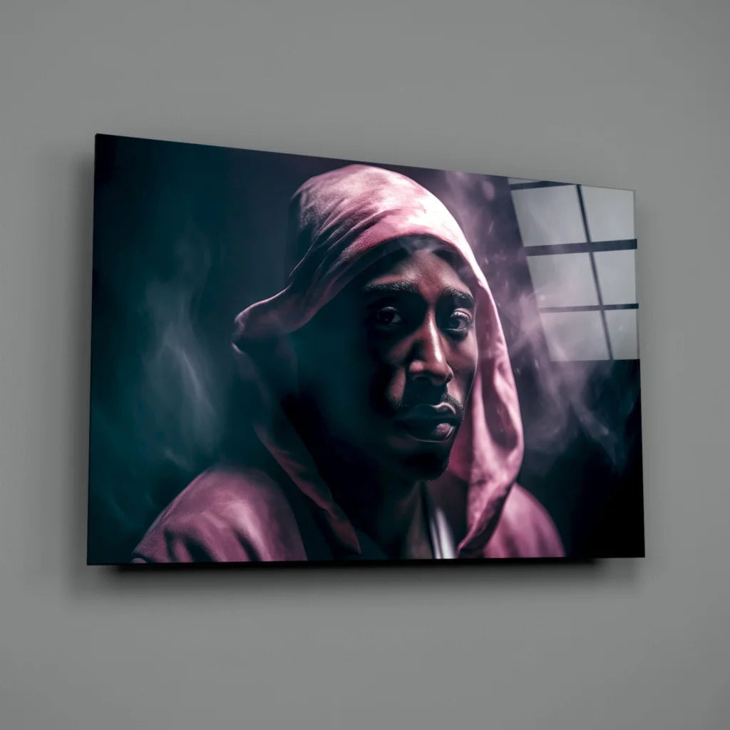 Stylized Tupac Shakur in pink hoodie on moody smoky glass wall art canvas