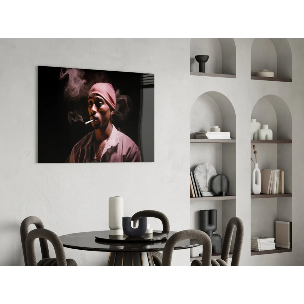 2Pac pink headwrap portrait wall art print on glass wall