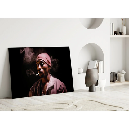 2Pac pink headwrap portrait on black canvas wall art print