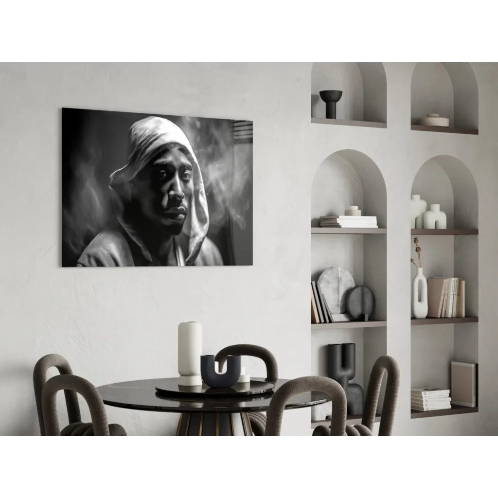 Black-and-white Tupac Shakur portrait on glass wall art canvas