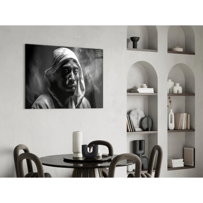 Black-and-white Tupac Shakur portrait on glass wall art canvas