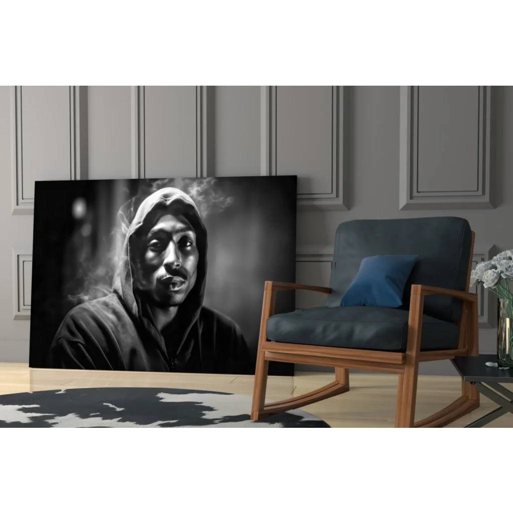 Tupac Shakur smoking portrait glass wall art canvas in black and white