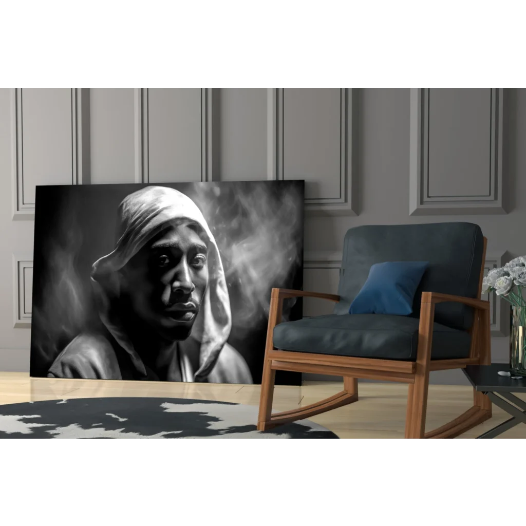 Black-and-white Tupac Shakur glass wall art portrait in hooded smoke style