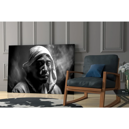Black-and-white Tupac Shakur glass wall art portrait in hooded smoke style