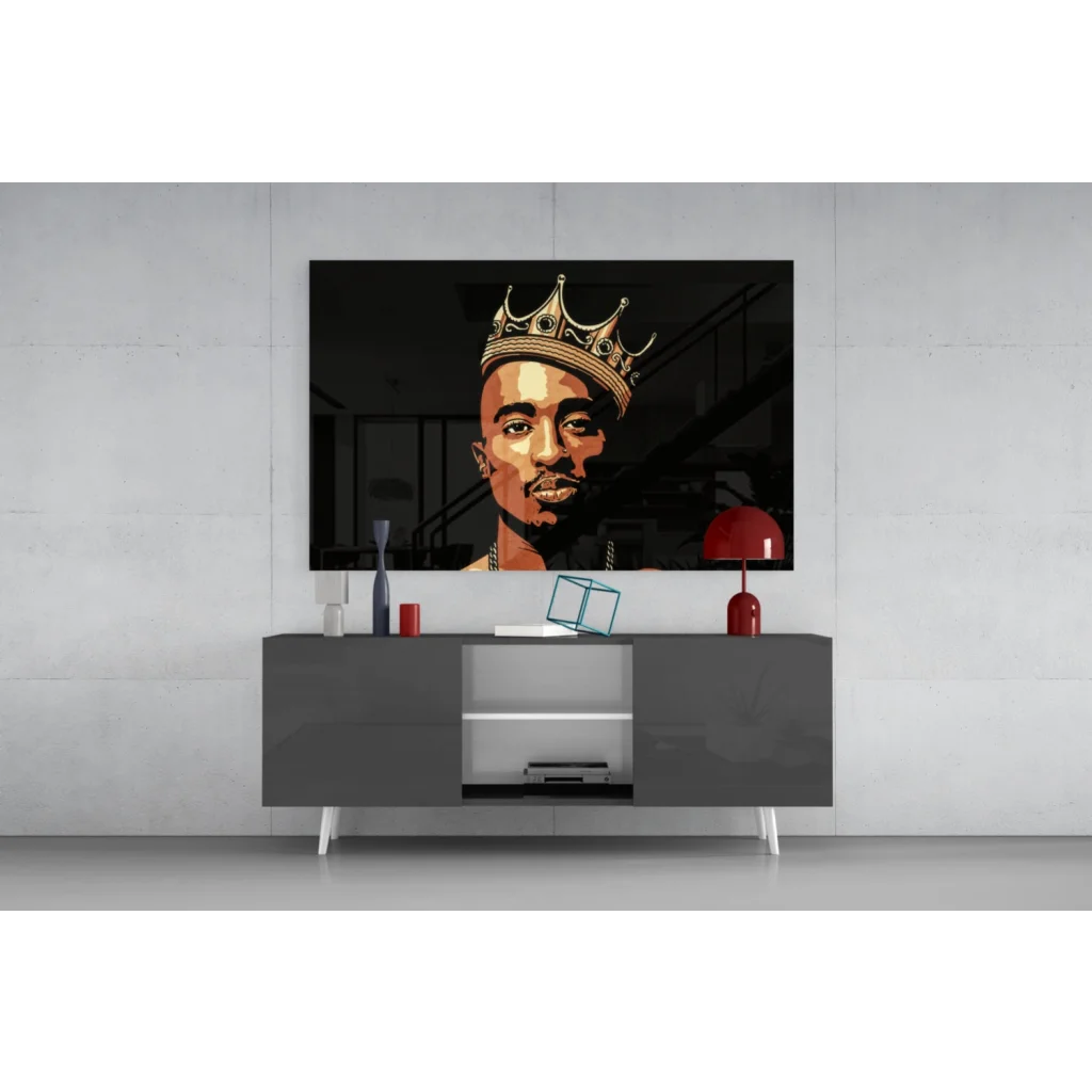 Stylized Tupac portrait with gold crown on black canvas wall art