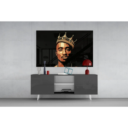 Stylized Tupac portrait with gold crown on black canvas wall art