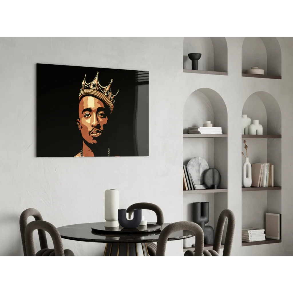 Stylized Tupac portrait with gold crown on black canvas wall art