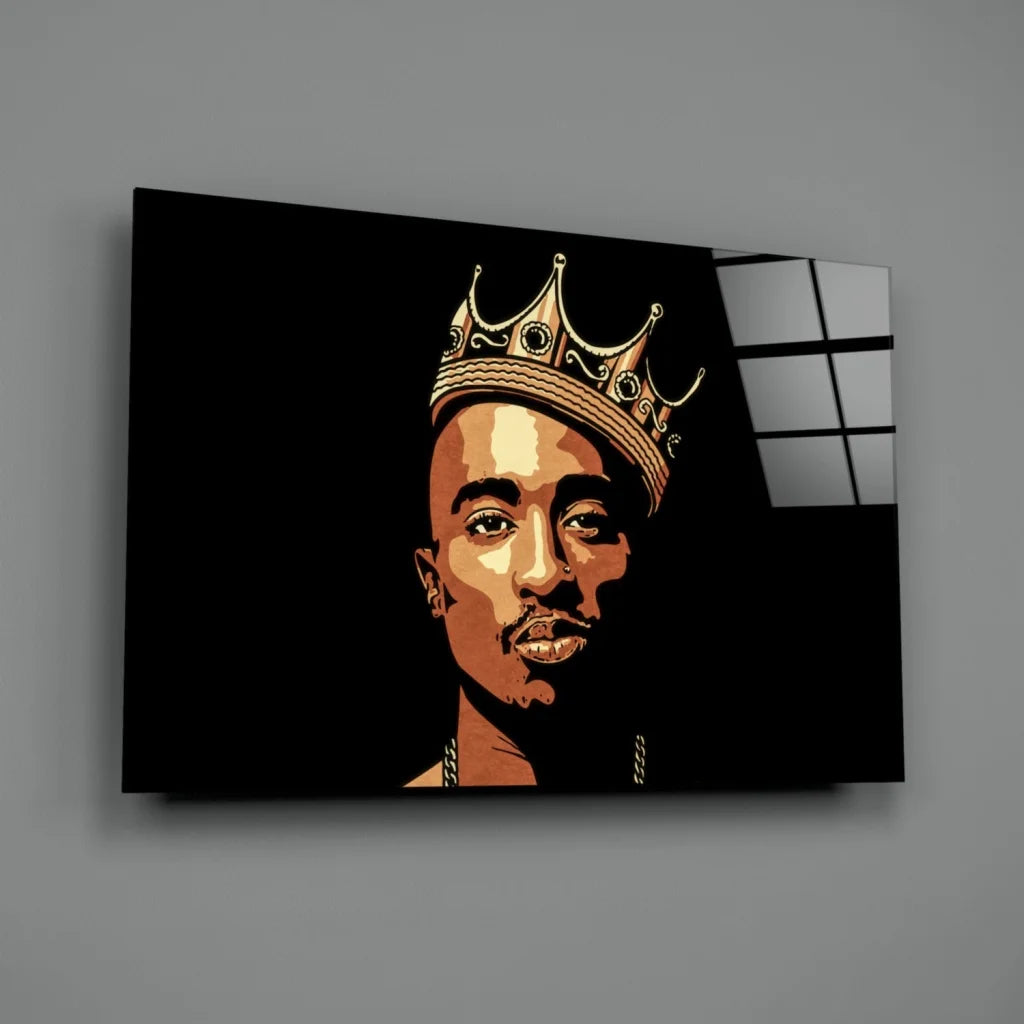 Tupac in golden crown stylized portrait canvas wall art black background