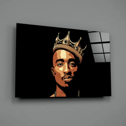 Tupac in golden crown stylized portrait canvas wall art black background