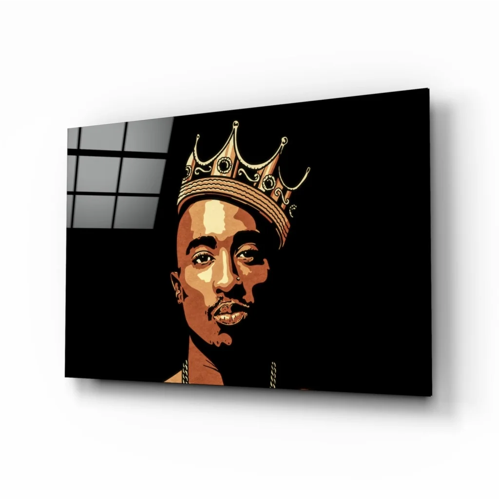Stylized Tupac portrait with gold crown on black canvas wall art