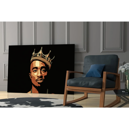 Stylized Tupac in gold crown on black canvas wall art print