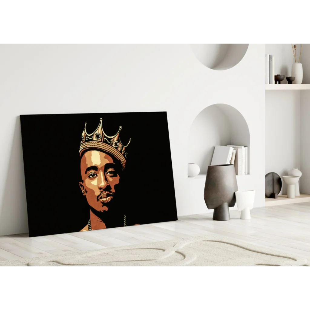 Stylized Tupac portrait with gold crown on black canvas wall art
