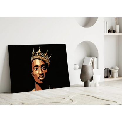 Stylized Tupac portrait with gold crown on black canvas wall art