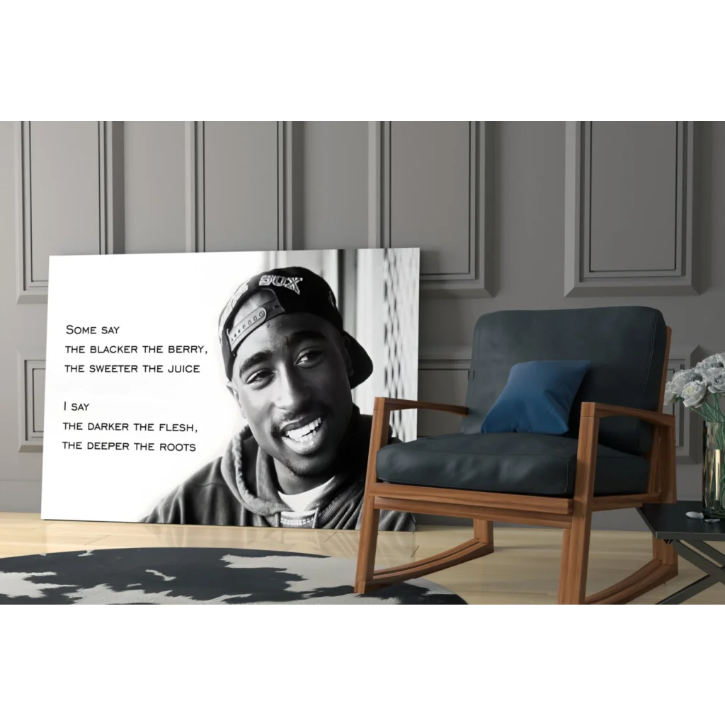Black-and-white Tupac Shakur portrait canvas wall art with quote